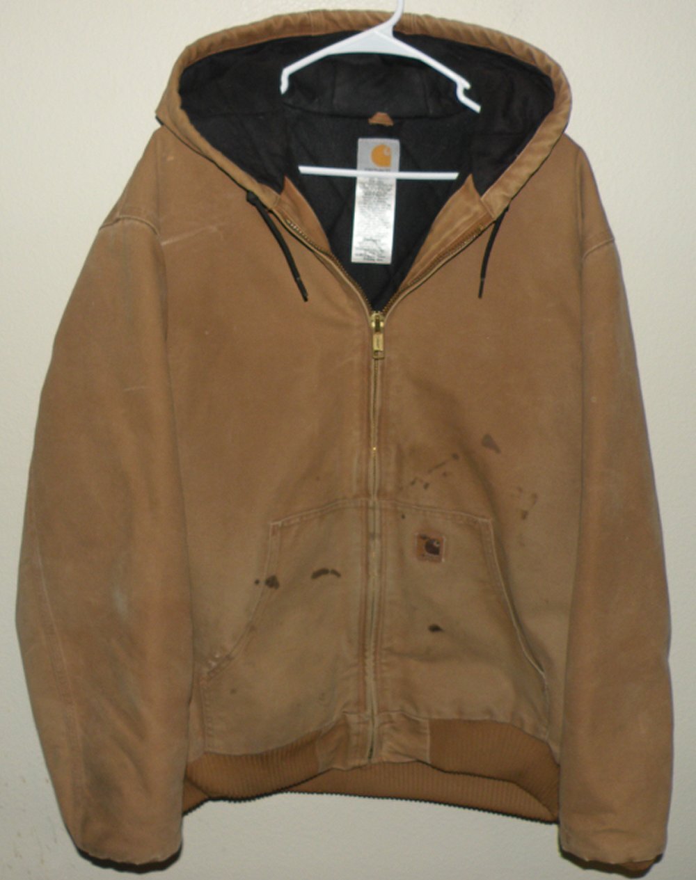 Carhartt J130 BRN Men’s XL Tall Quilted Lined Canvas Jacket Brown Hood Stained